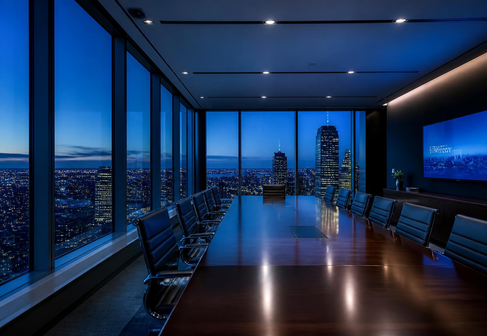 Executive boardroom overlooking a global city skyline at blue hour